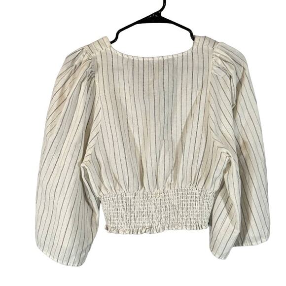 Zara White Striped V-Neck Kimono Sleeve Accordion Trim Cropped Top Women Sz S - Picture 2 of 8
